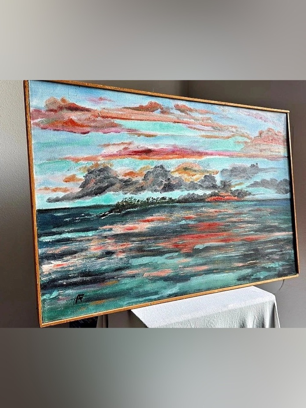 Impessionism Ocean Sunset Painting Framed Blue & Red